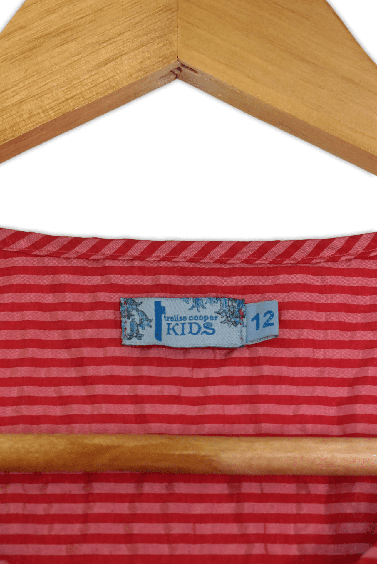 Long Sleeve Kids Top in a size 12. Candy red stripes, featuring a small v neck, ruffle detailing on the front with ruffled cuffs.