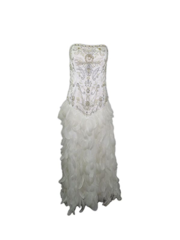 White Feather and Bead Strapless Gown