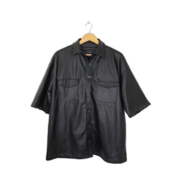 Black Faux Leather Short Sleeve Shacket