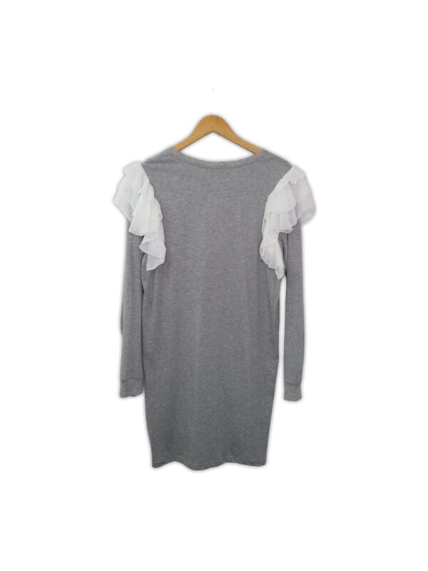 Grey cotton long sleeve dress with frills at the top of the sleeve cap