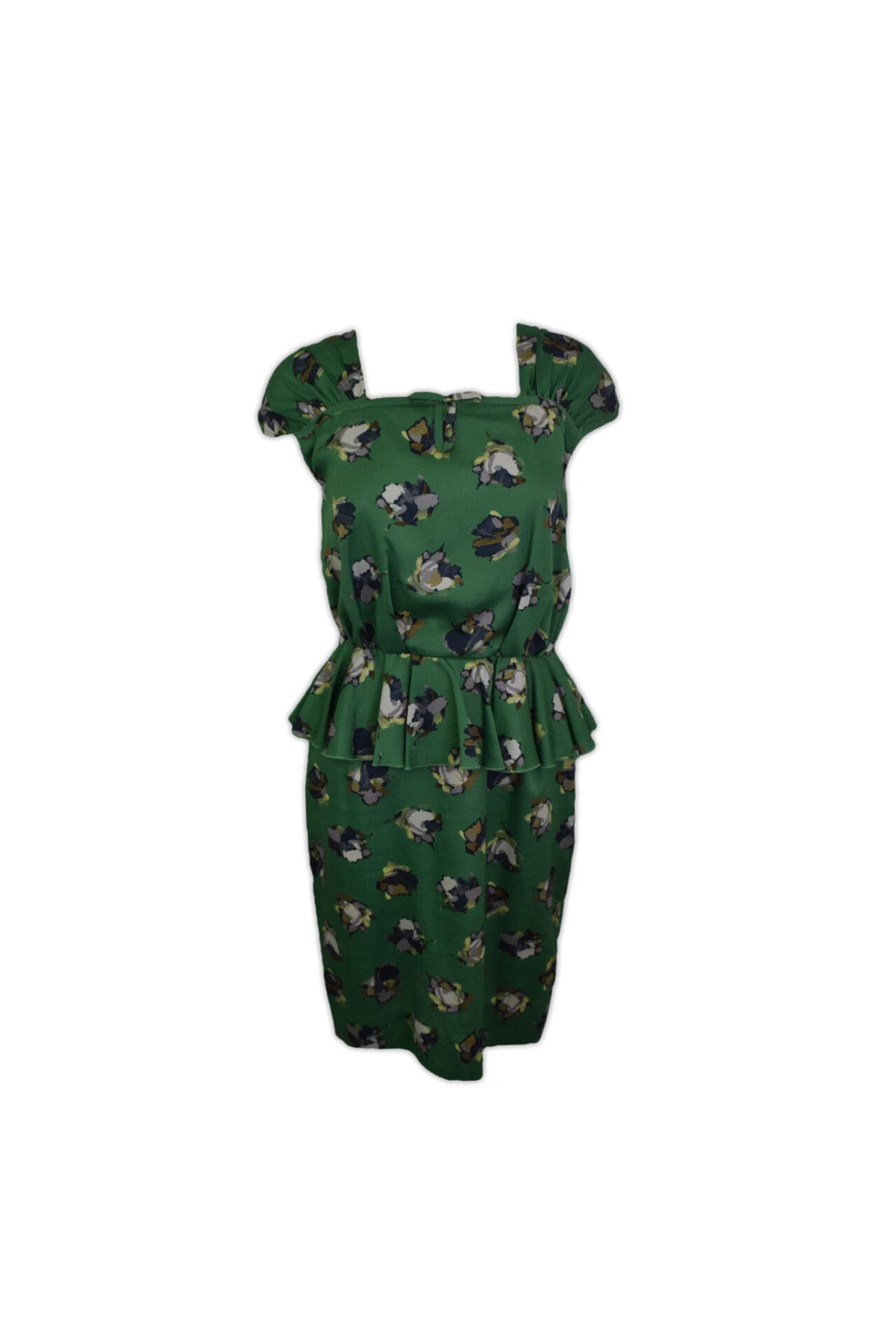Green floral print, small, work dress with sweetheart neckline