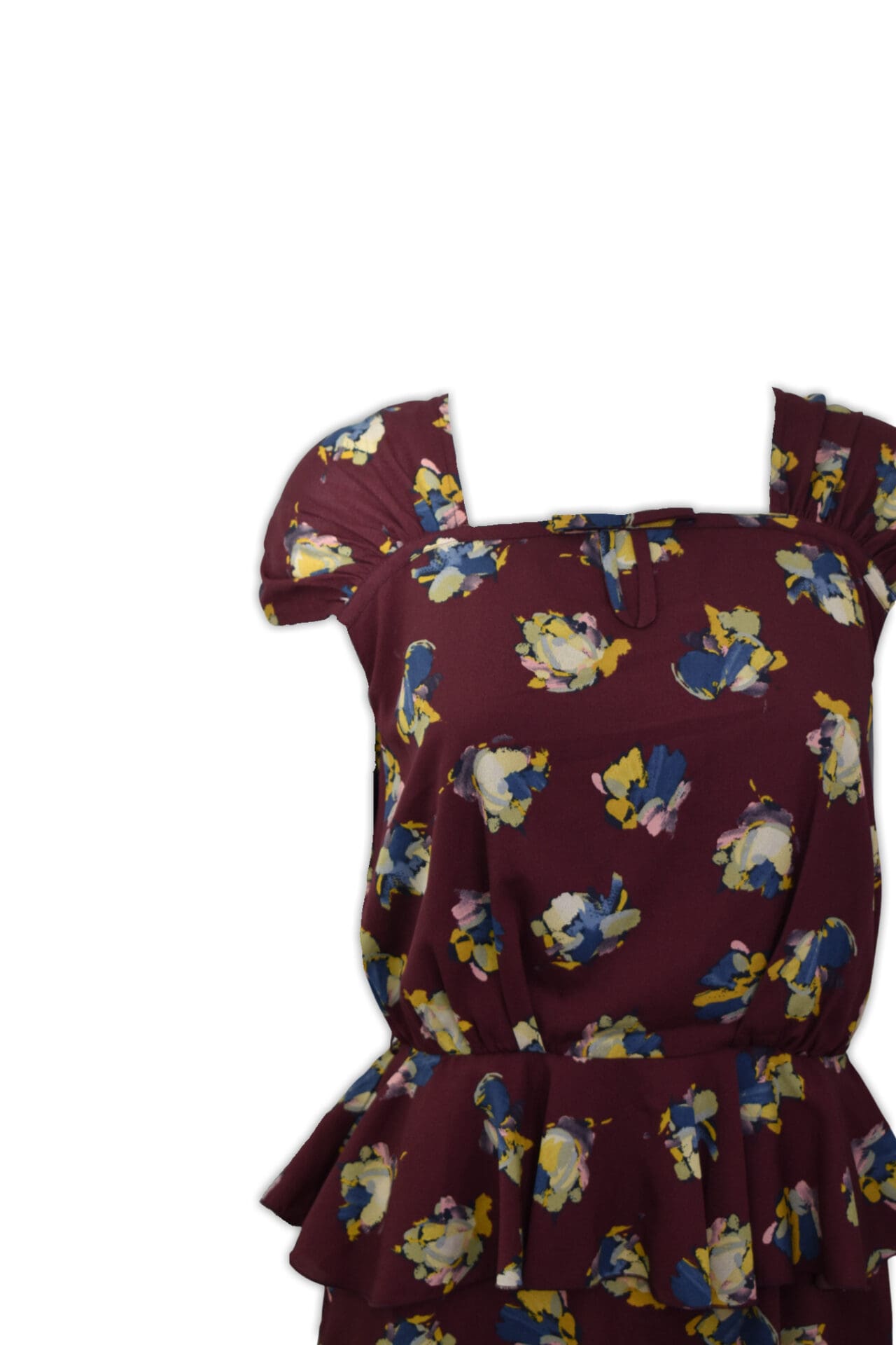Maroon floral print, small, work dress with sweetheart neckline