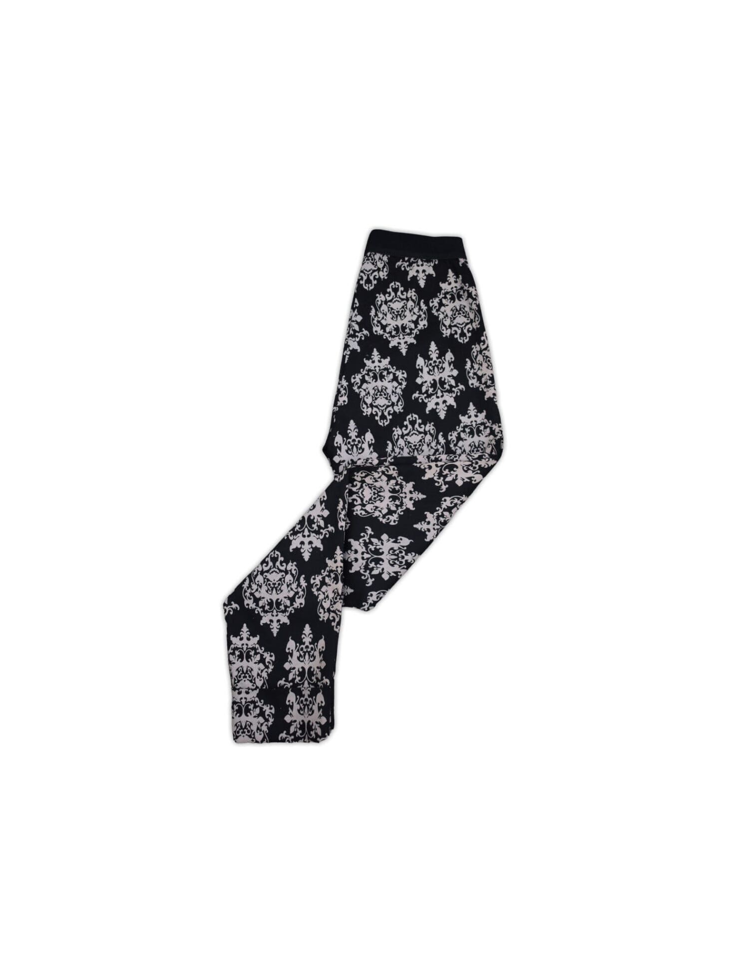 Comfortable, pull on jegging pant with cuffed hem, elastic waist, XS, black and beige print.