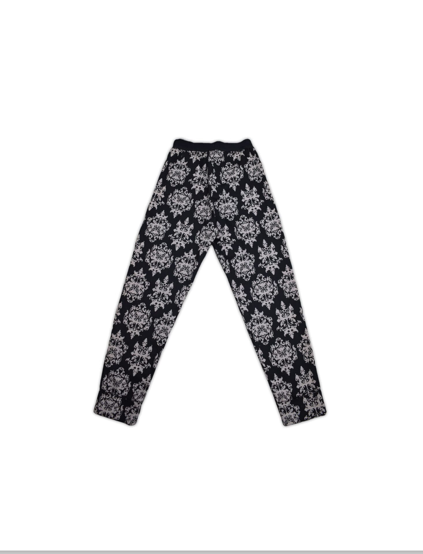 Comfortable, pull on jegging pant with cuffed hem, elastic waist, XS, black and beige print.