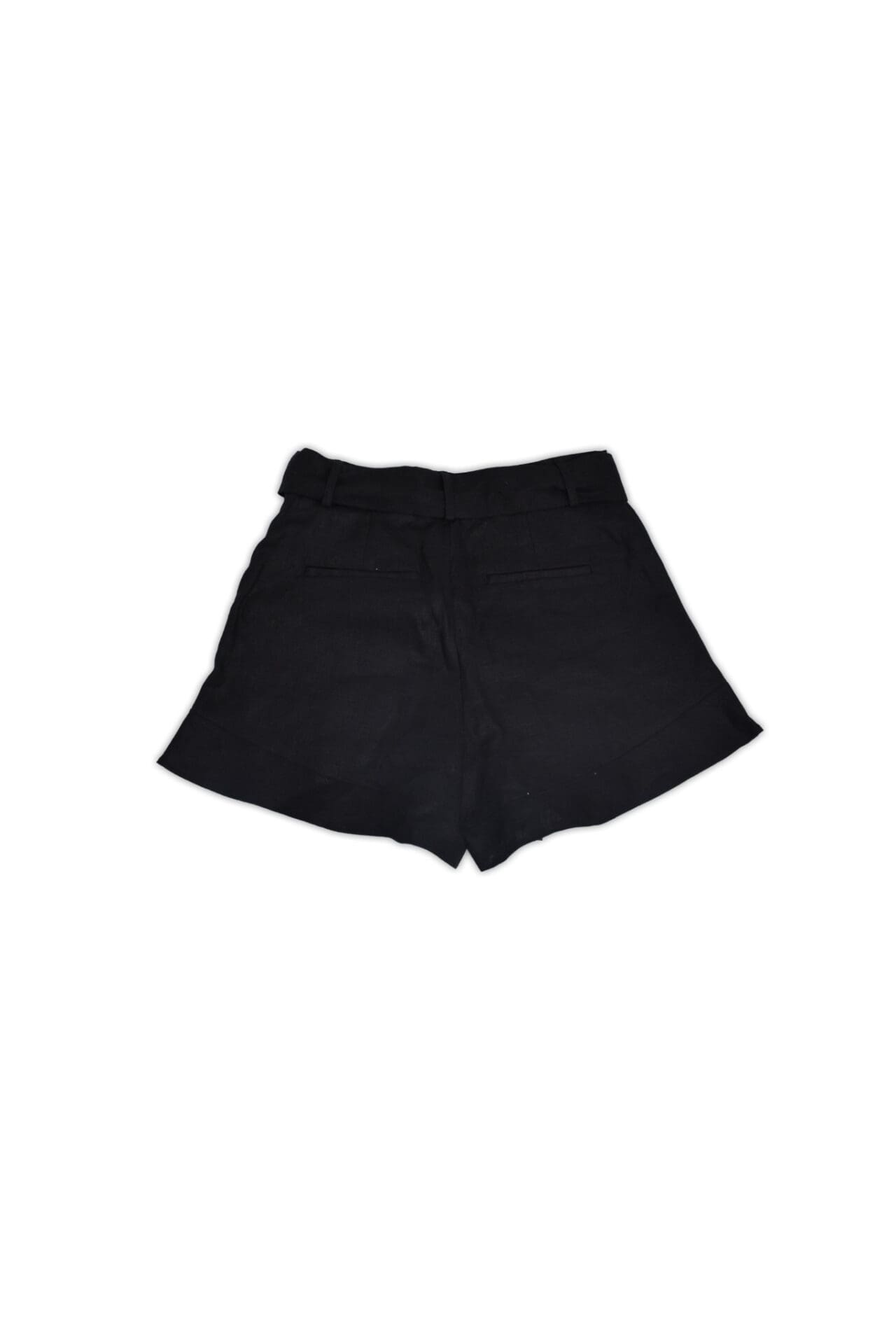 Black linen shorts with belt tie. Made in China.