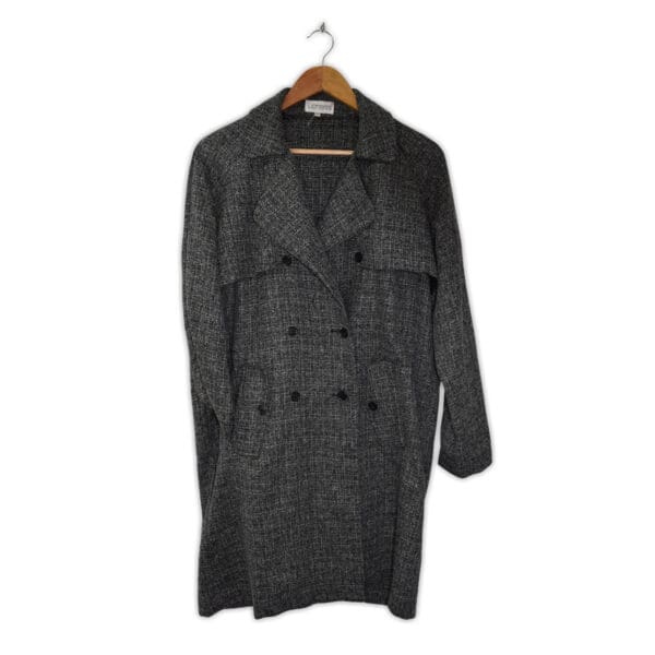 Double-breasted knit coat. Large, medium. Thigh length.