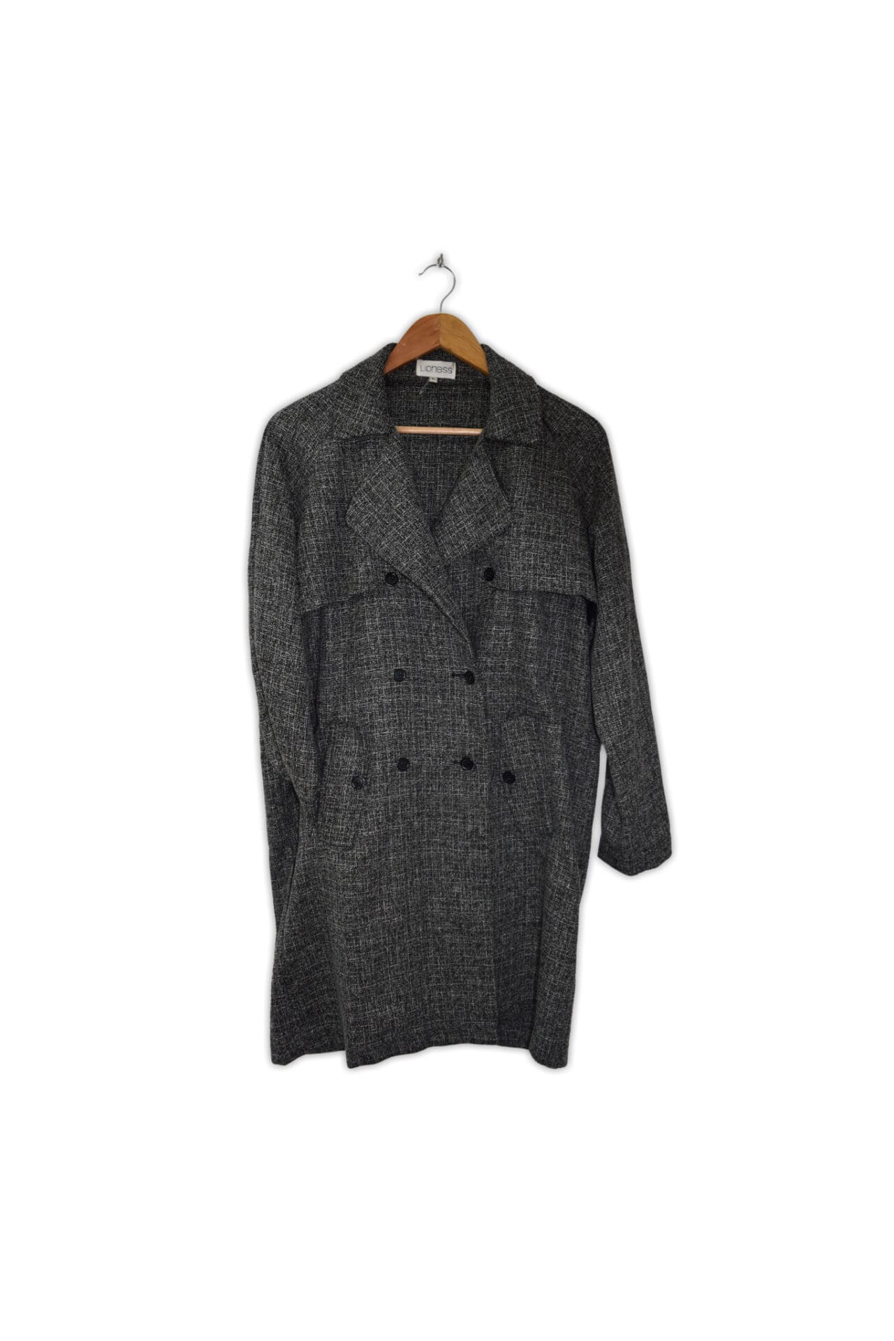 Double-breasted knit coat. Large, medium. Thigh length.