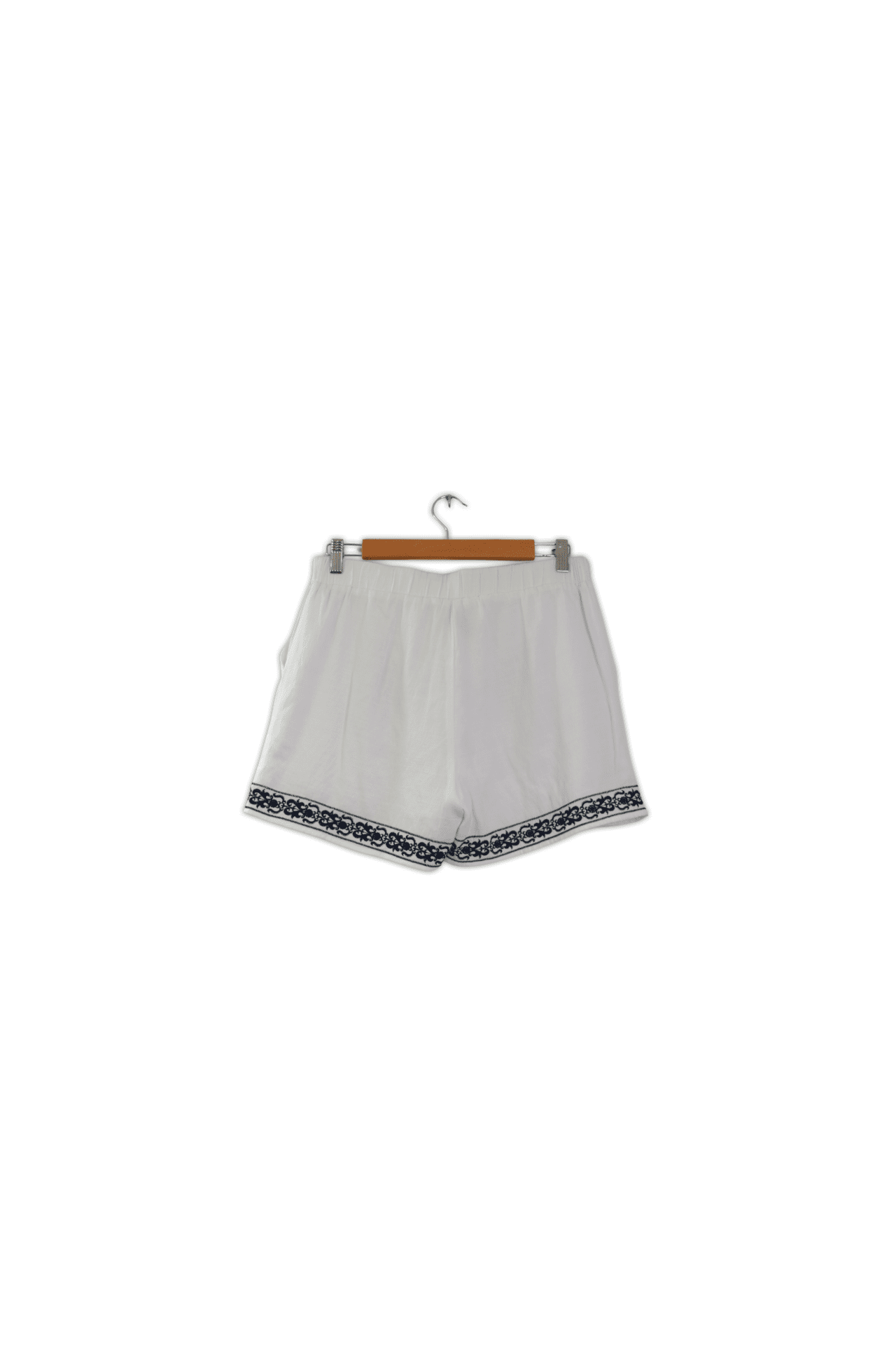 Lightweight summer shorts featuring floral embroidered patterns on the front and along the hemline. The shorts are also a medium size with an elastic waist band.