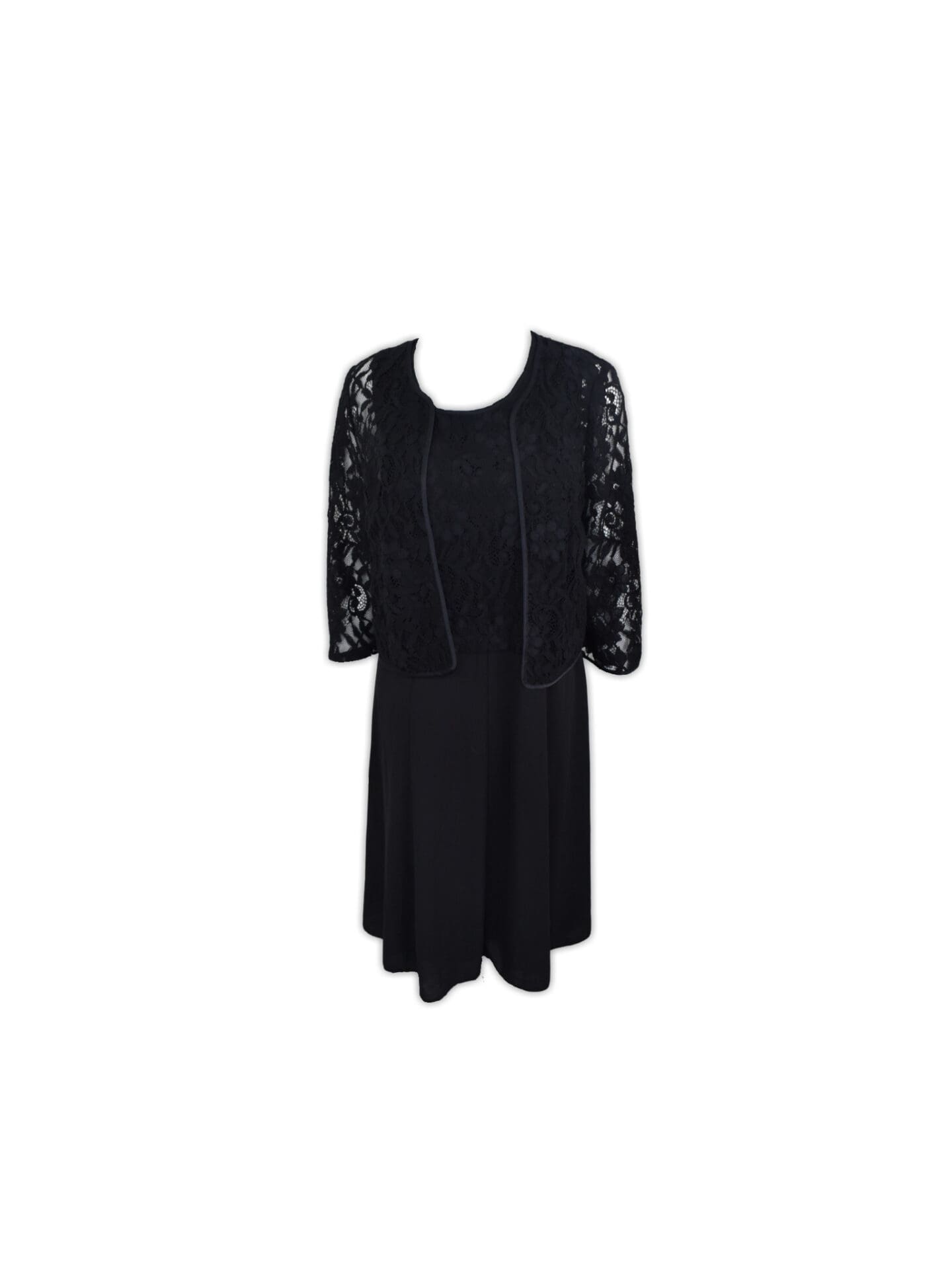 Black lace Beautiful dress with lace bodice and full skirt paired with a matching lace light weight jacket.