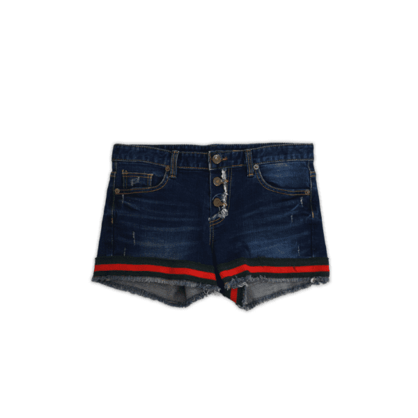 Mini shorts with frayed hem and contrast trim. 