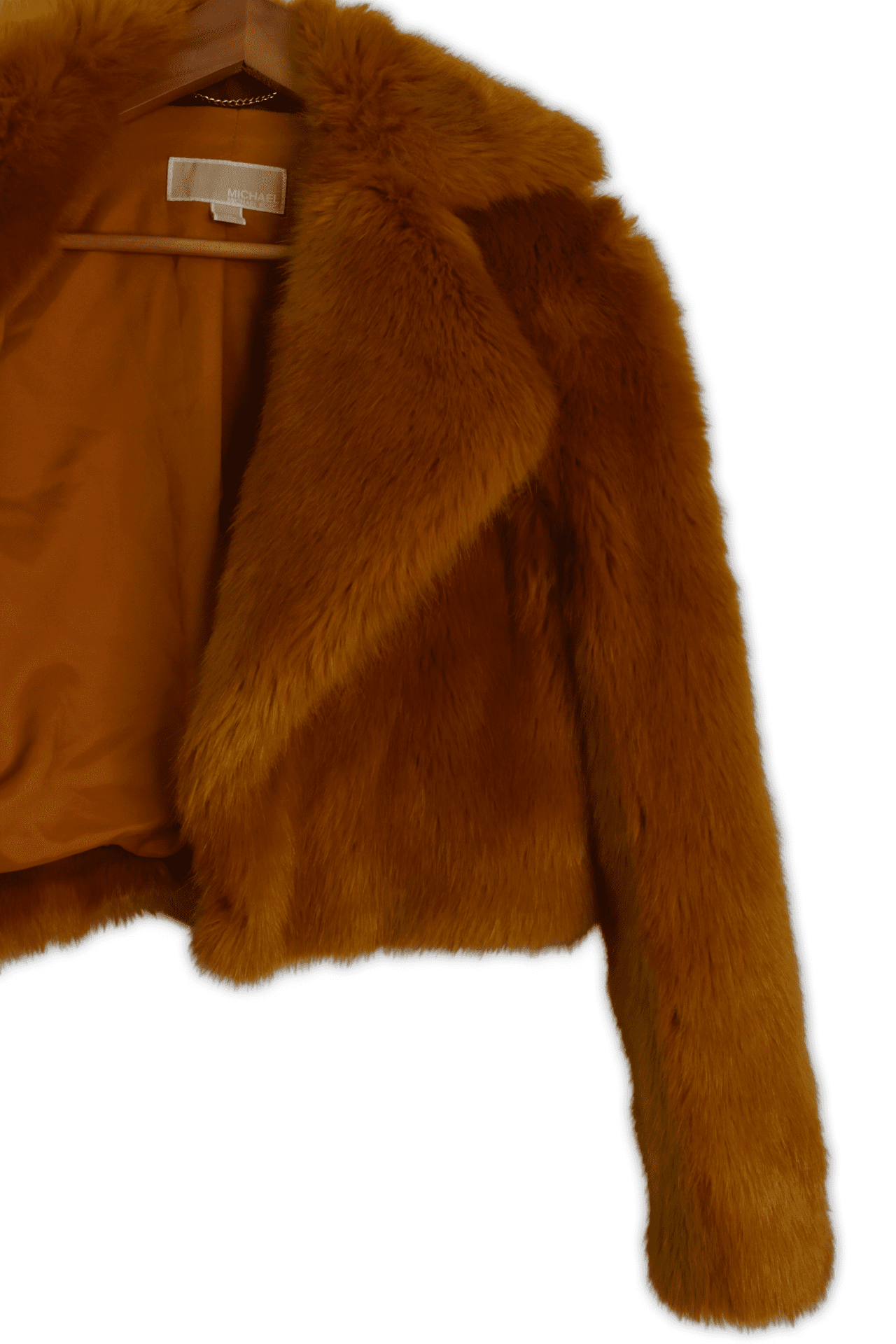 XS burnt orange Gorgeous faux fur crop jacket featuring large lapels and a fall collar.