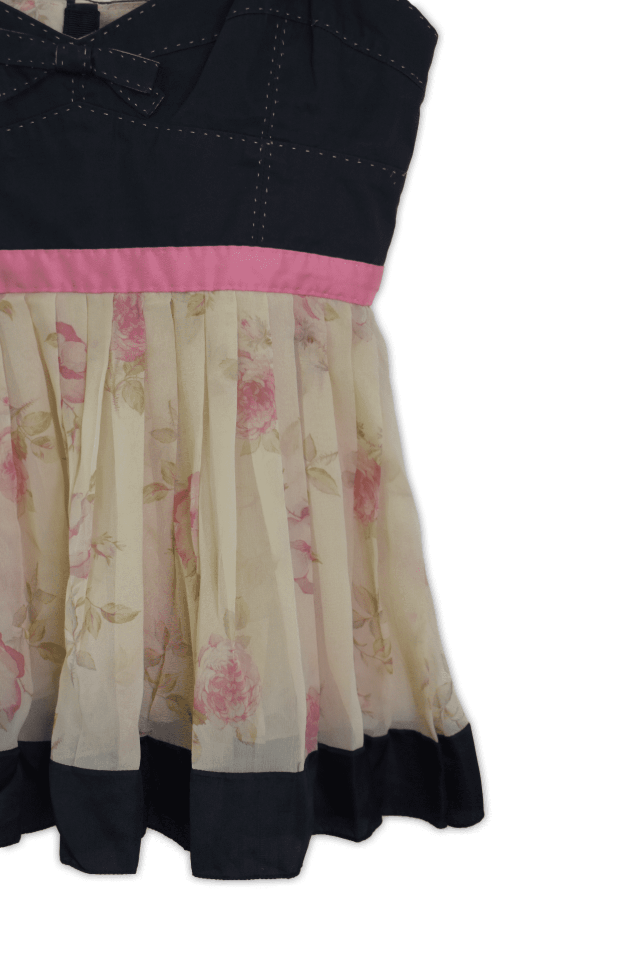 Plisse Pleat, floral paneled bodice featuring decorative center front bow, center back hook and eye closure and an accordion pleat silk base. Made in France.