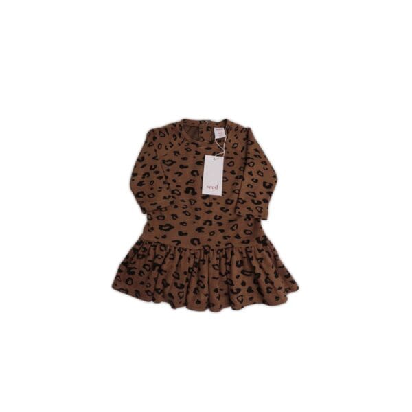 Leopard printed dress with long sleeves and a frilly hem.