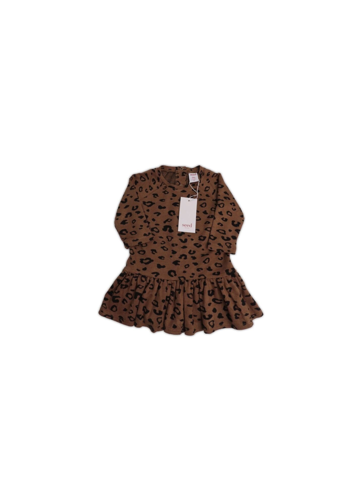 Leopard printed dress with long sleeves and a frilly hem.