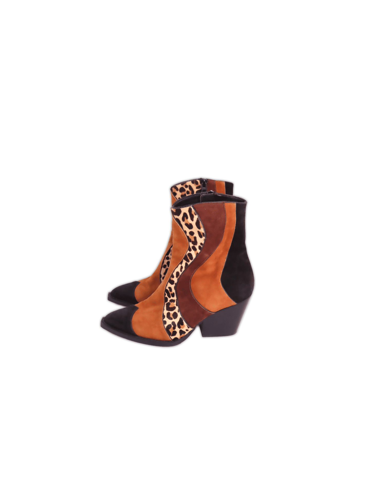 Suede cowboy boots featuring a block heel, pointed toe and side zipper. Sole and heel made from Genuine Leather. Colours are shades of Brown, Black and Leopard Print.