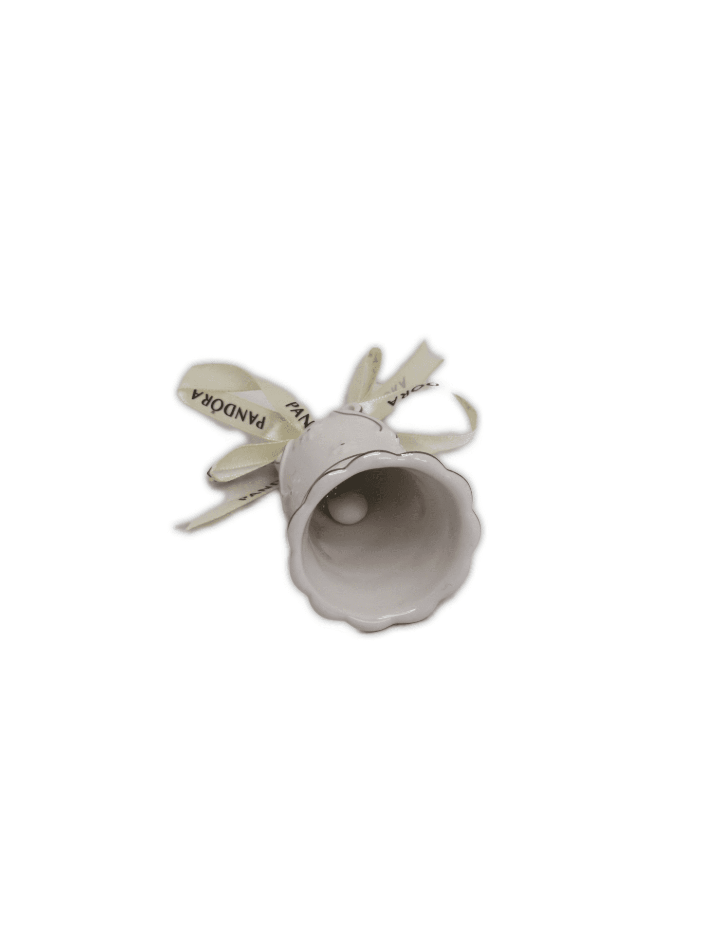 From Pandora, decorate your tree with this limited-edition, handmade bell ornament. White in color and made from porcelain. Light in weight with handmade designs.