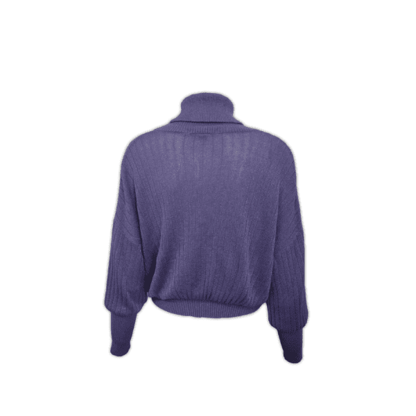 Sparkly purple knit featuring a high neck, drop shoulders and a relaxed fit. Made from 100% Rayon.