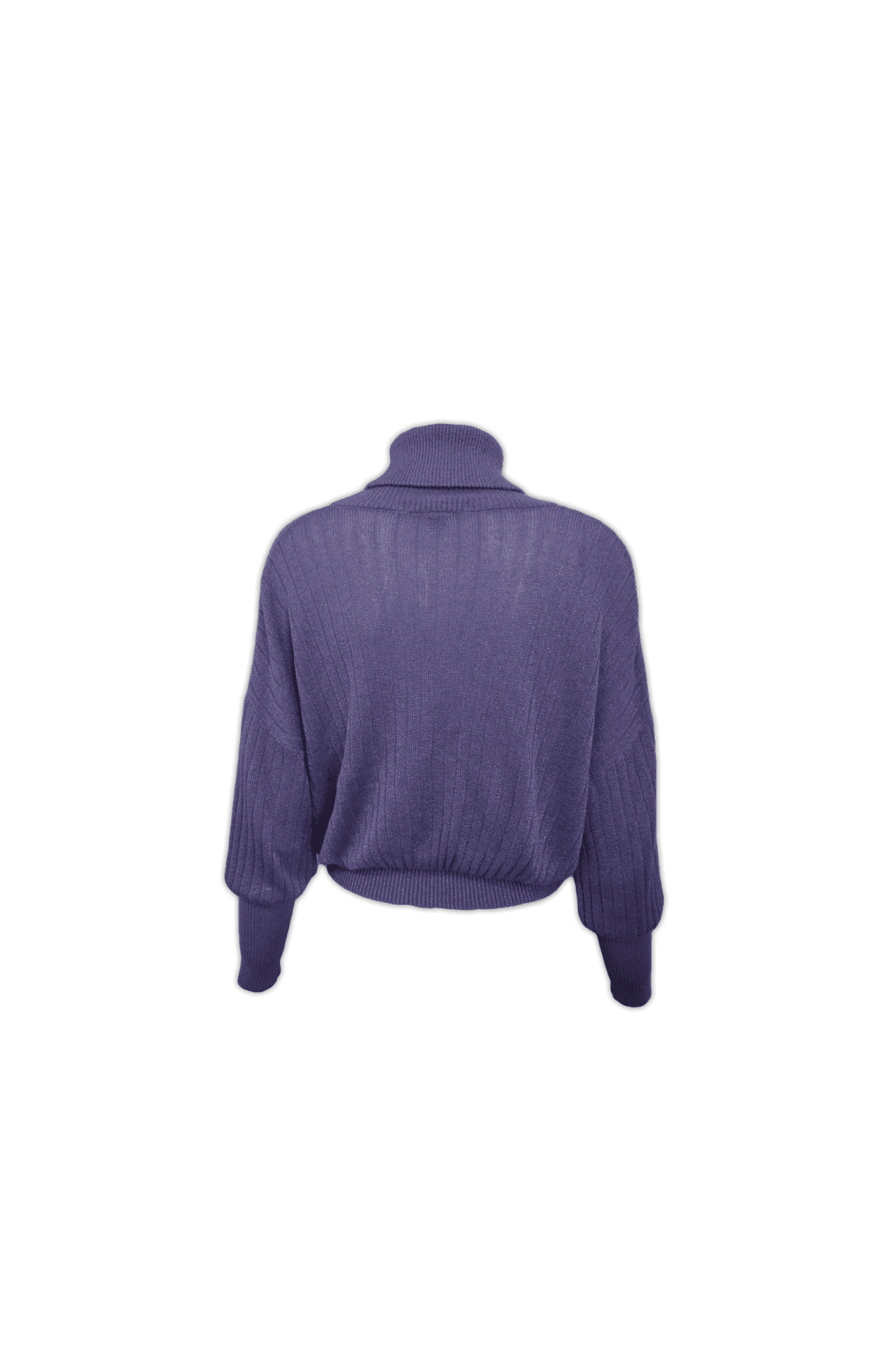 Sparkly purple knit featuring a high neck, drop shoulders and a relaxed fit. Made from 100% Rayon.