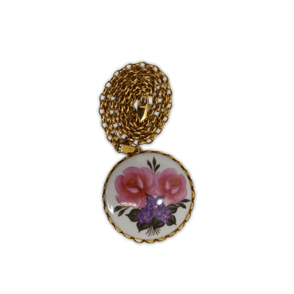 Thin gold chain with small hand painted floral pendant.
