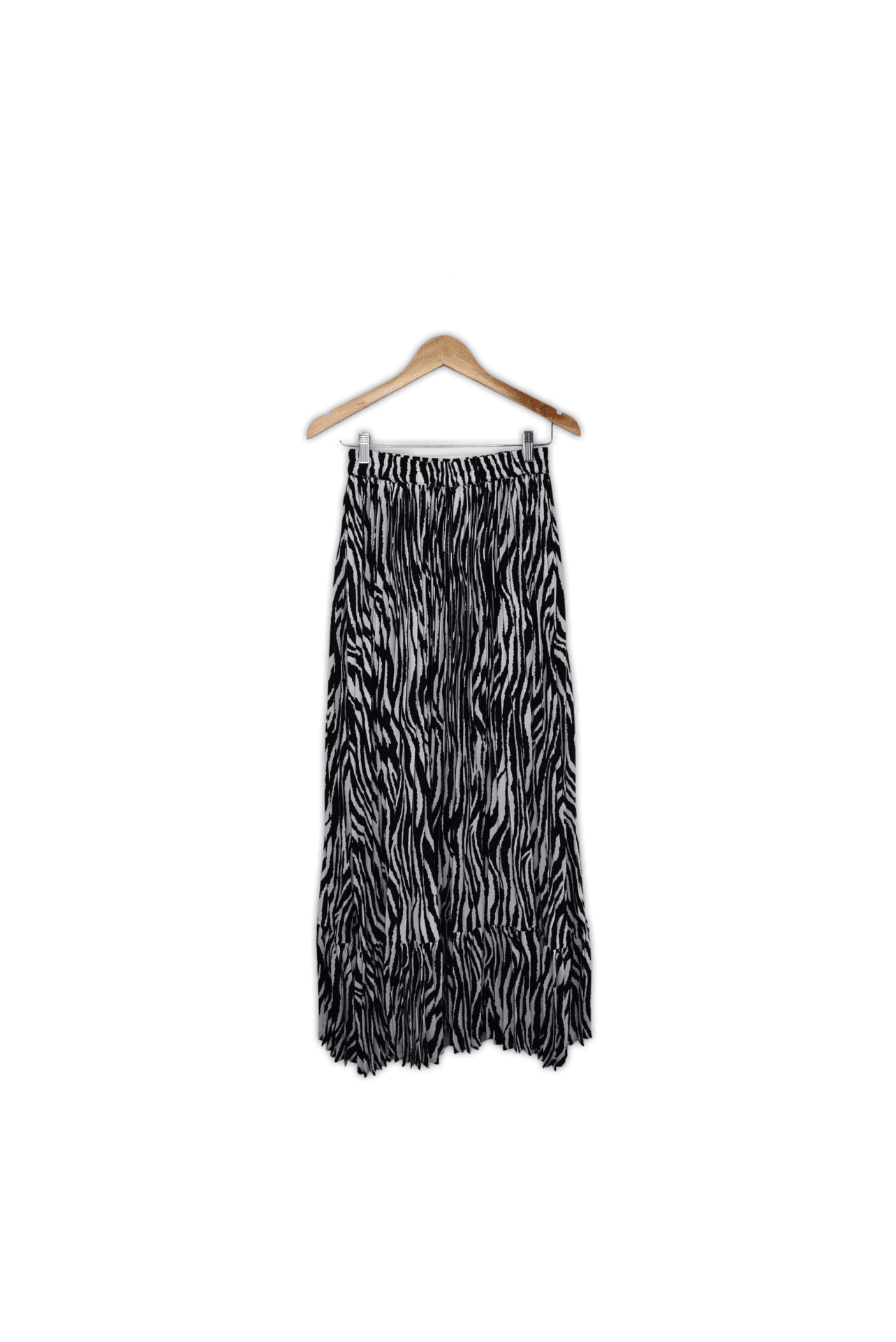 Maxi skirt with a ruffle hem panel, an elasticated waist band and an accordion pleated fabric for great movement and drape.. Medium. Polyester. Black and white zebra print.