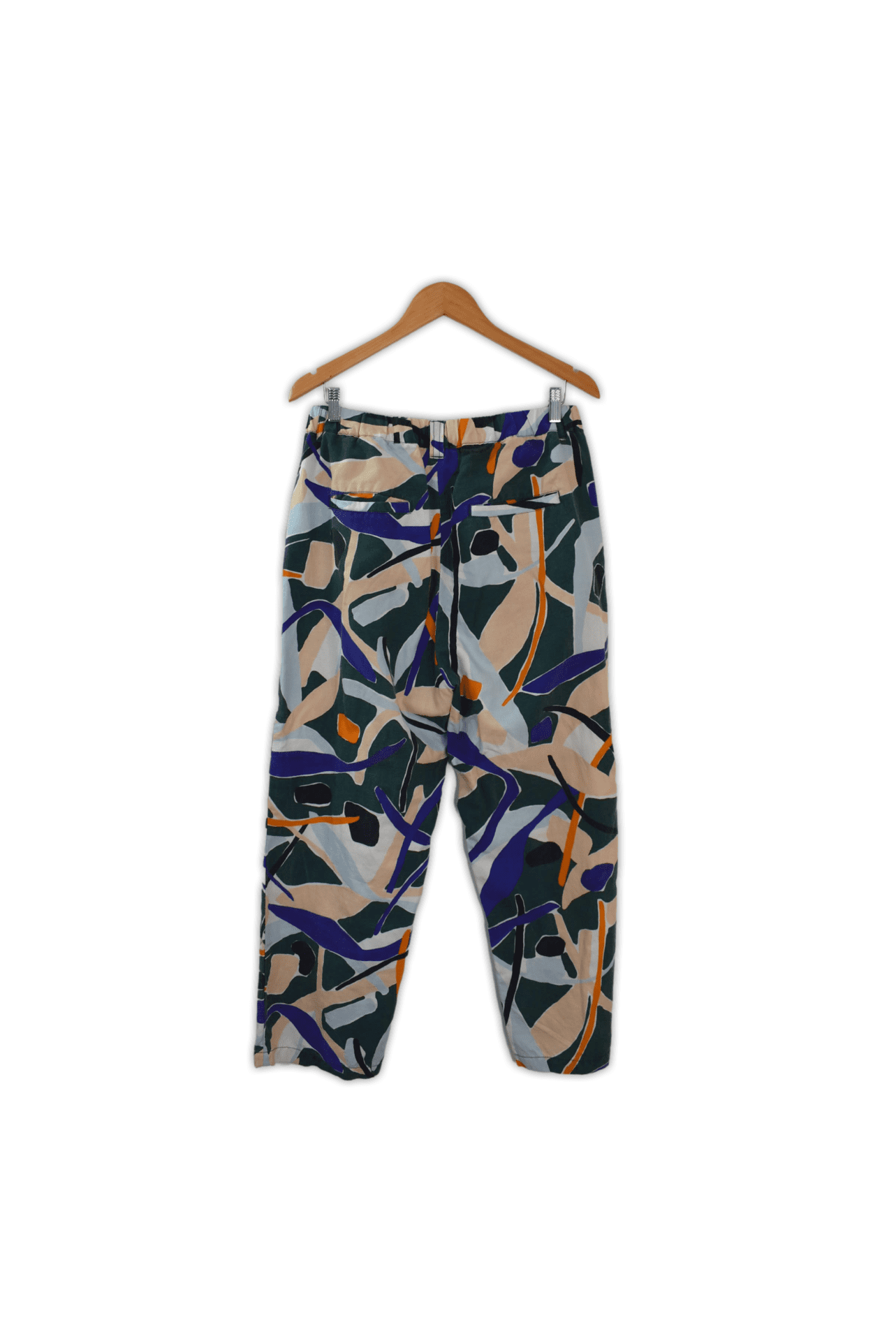Medium, blue, purple, green and orange patterned soft tailored pants