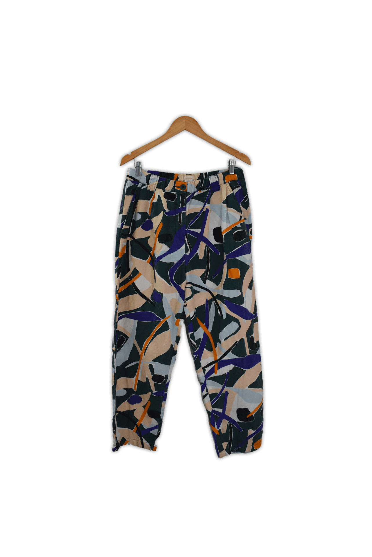 Medium, blue, purple, green and orange patterned soft tailored pants