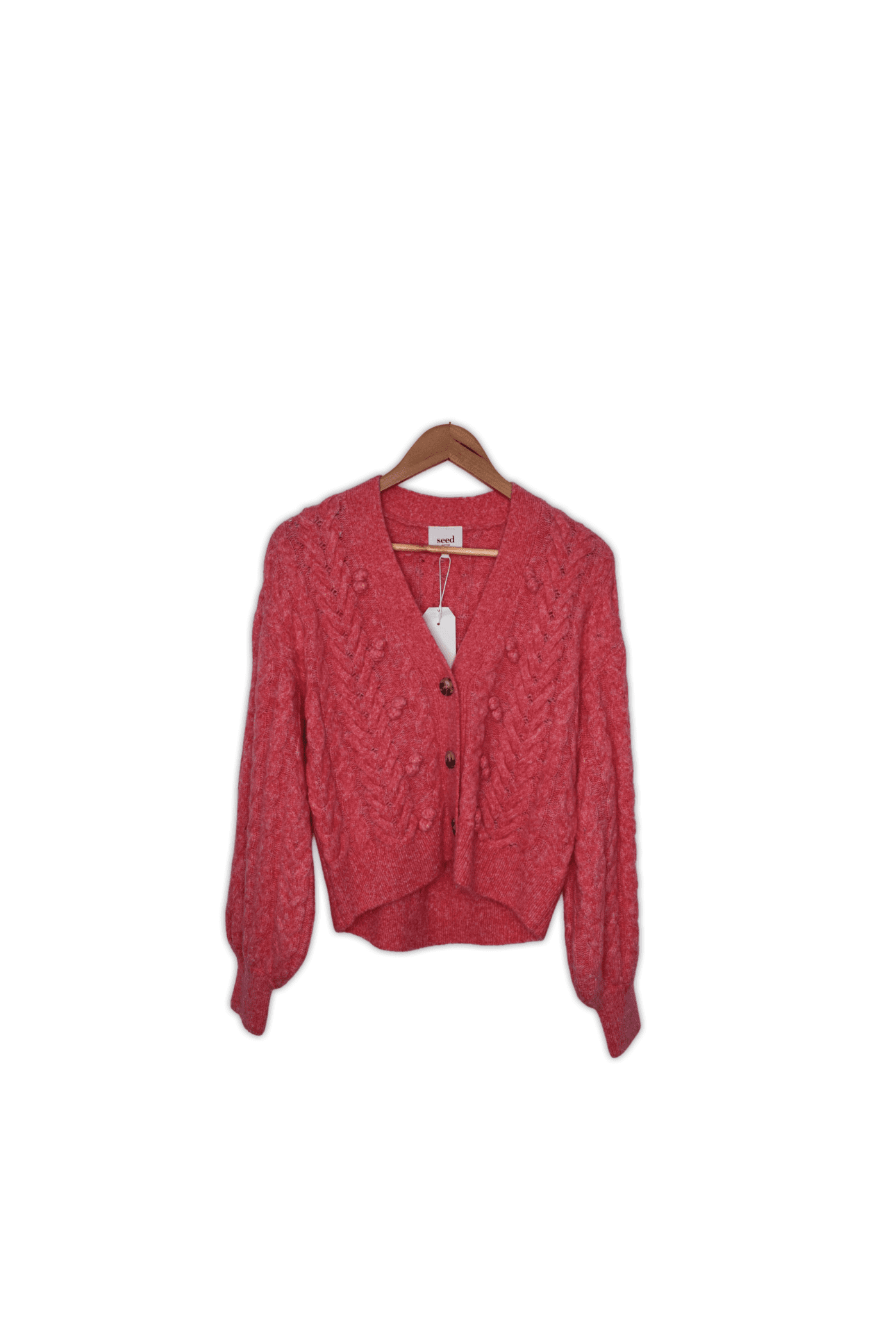 Crafted from a premium blend with wool and alpaca, this cardigan is soft, comfortable, and stylish. It features pom pom details and braided cables, with a V neck leading into a cropped length. Fabric: 50% Wool, 33% Nylon, 17% Alpaca Colour: Rose Size: XS