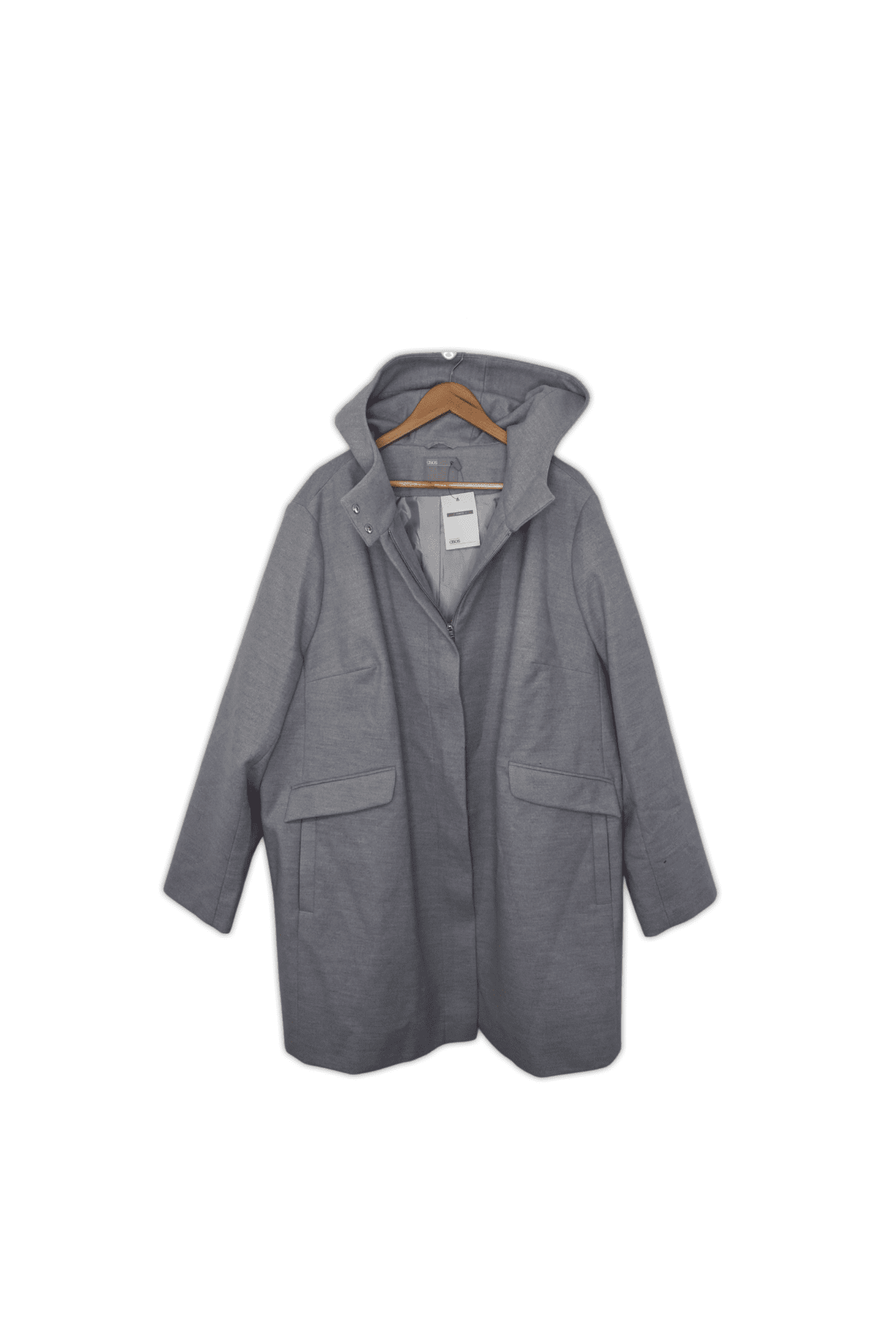 A modern style hooded coat featuring a center front zip close, front patch pockets and inseam pockets. 3XL