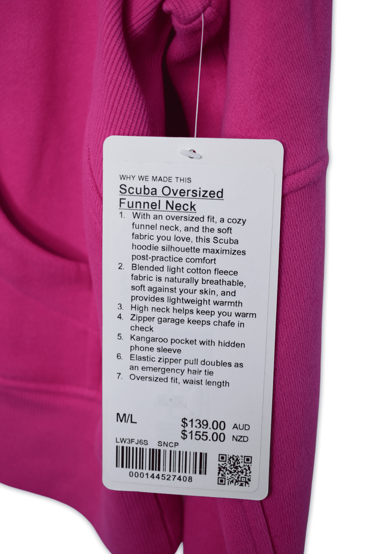 M/L Bright pink A scuba oversized funnel neck from lululemon, cropped at the waist featuring a kangaroo pocket with hidden sleeve, elastic zipper which doubles as an emergence hair tie, and zipper garage to stop any chafing.