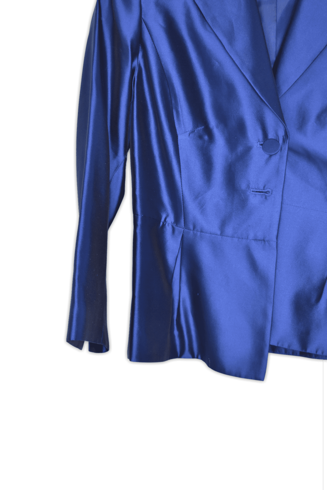 Formal blazer featuring a peplum flare hem and two front buttons. Made in Australia. Small, royal blue