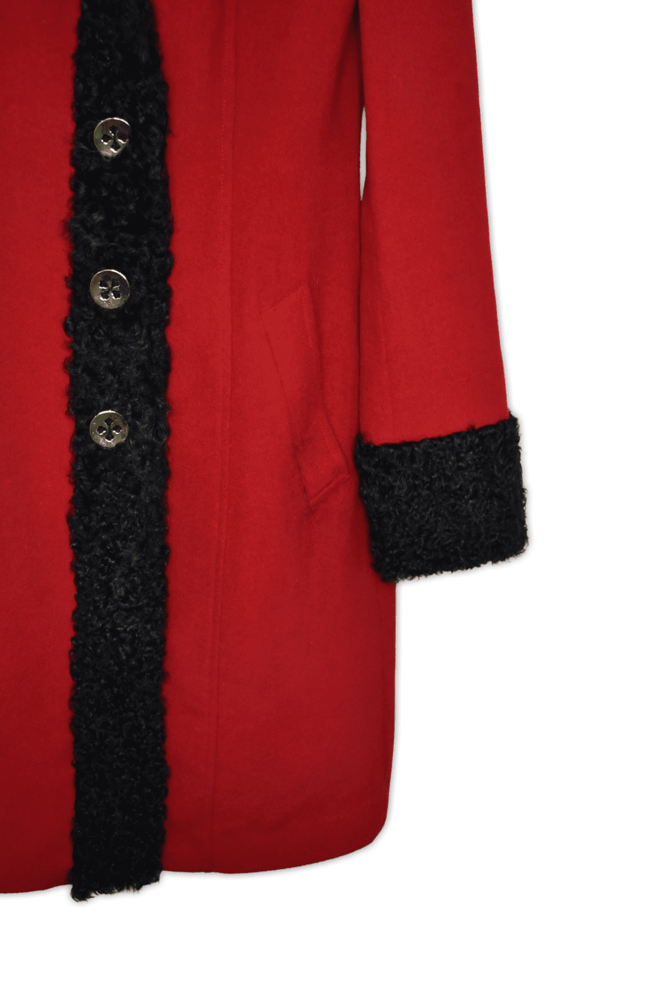 Small, wool, red coat. Cosy wool coat featuring two front patch pockets, gold buttons, and black wool trim around the collar, button wrap and cuffs.