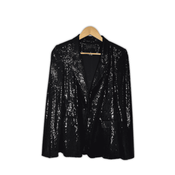 XS, Black Sequin. Classic blazer featuring a slim lapel and collar, two front single jetted pocked with flaps, long sleeves and a front button closure.