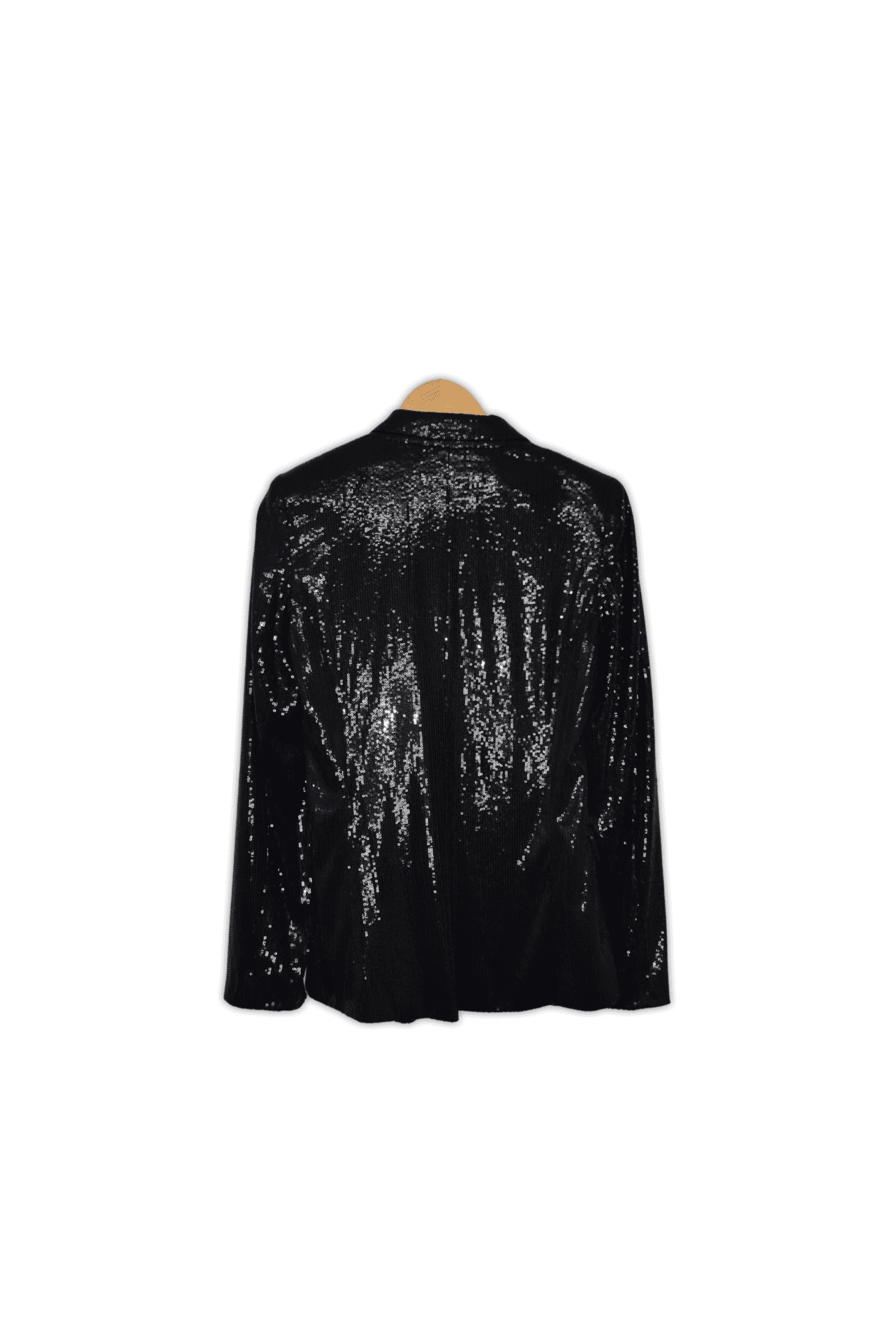 XS, Black Sequin. Classic blazer featuring a slim lapel and collar, two front single jetted pocked with flaps, long sleeves and a front button closure.