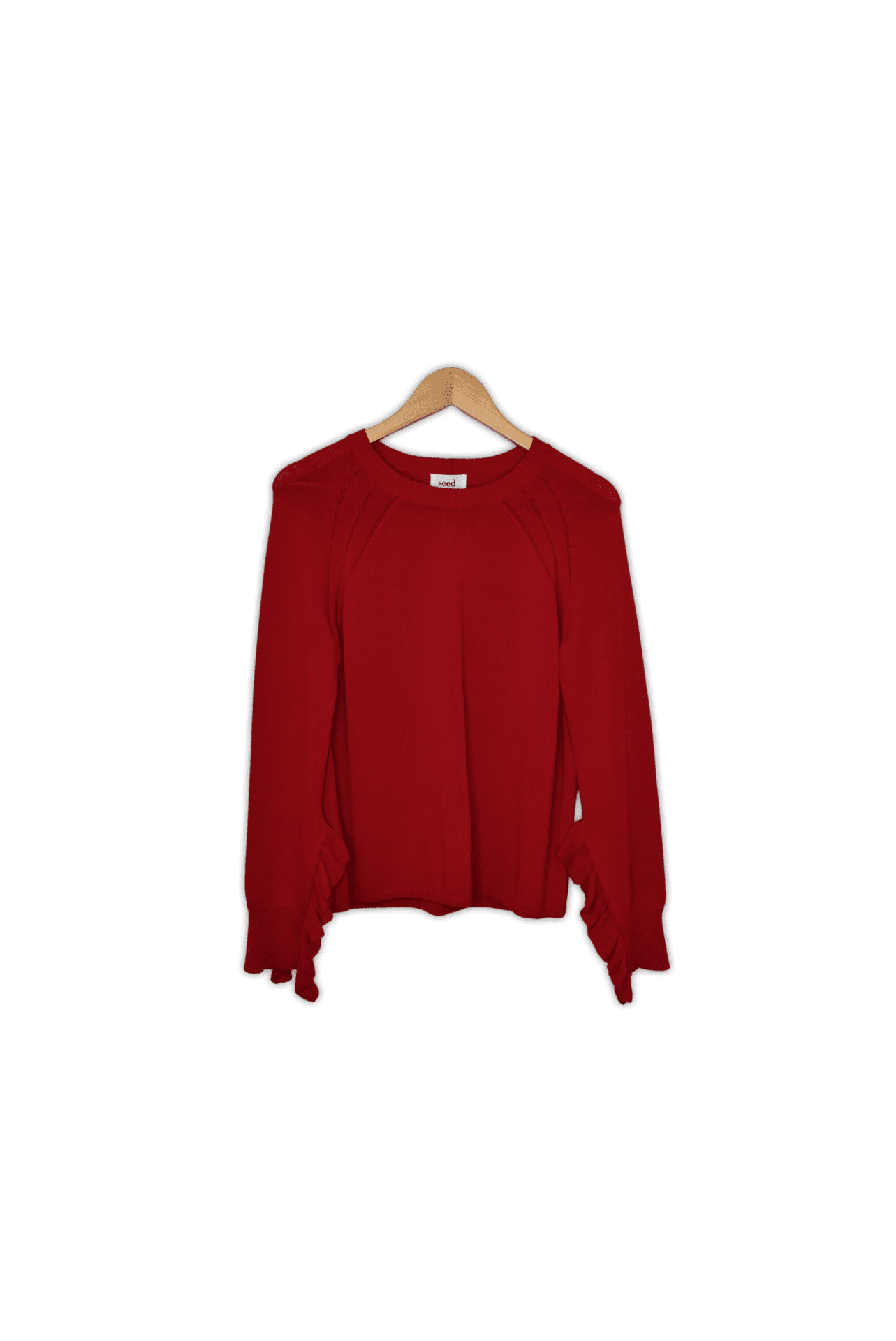 Small, red knit sweater with frill detailing on sleeve