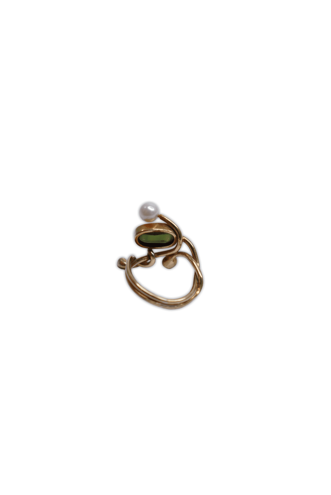 Gorgeous, intertwined 14-carat gold band design featuring a stunning green sapphire, and a small, cultured pearl. Dove Hospice and Wellness.