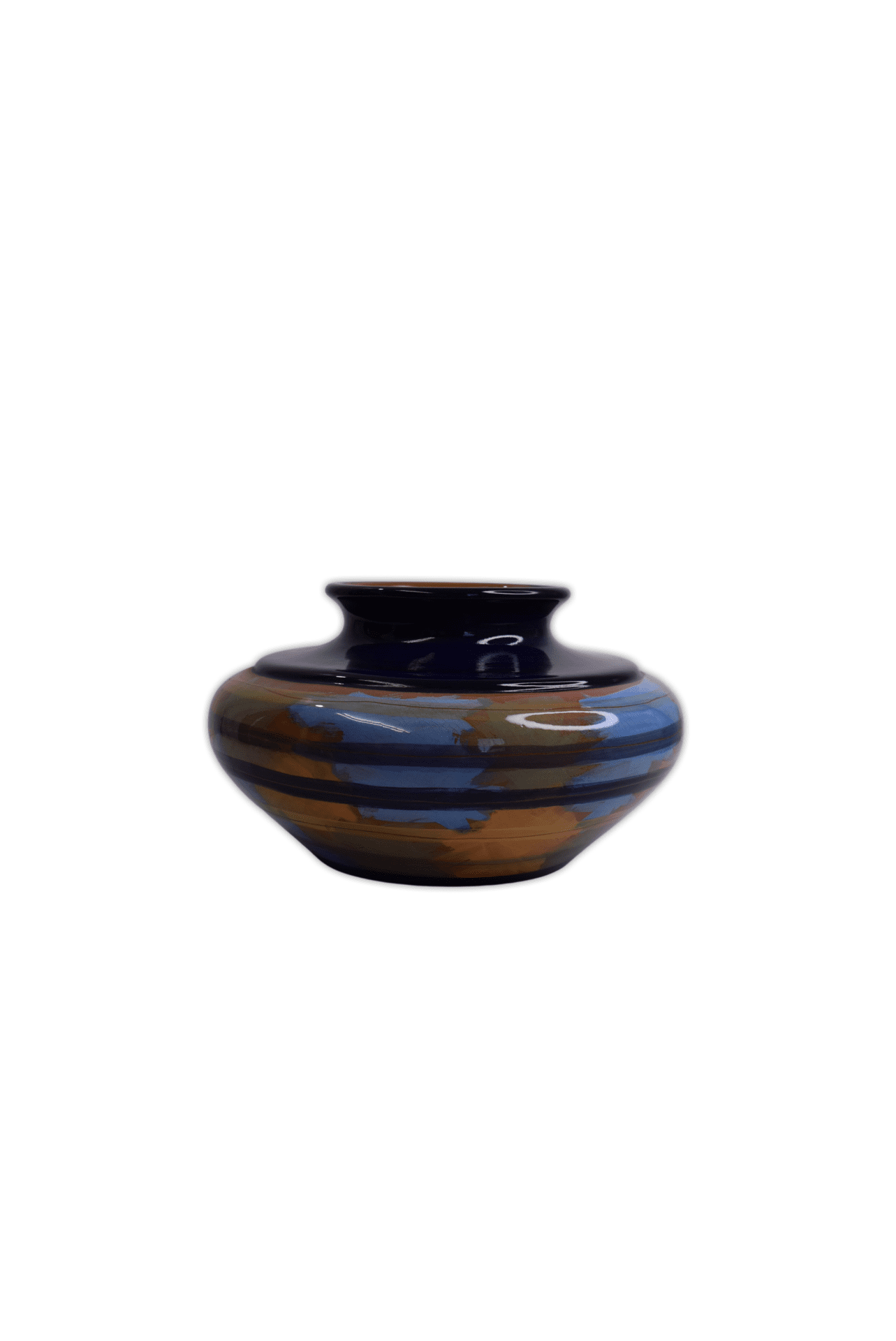 Low vase design with striped multicoloured glaze.