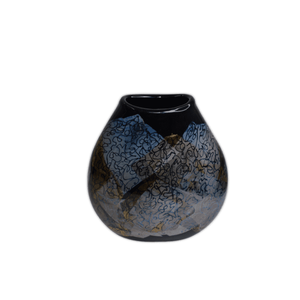 Glazed vase featuring a slim oval opening and a layered abstract print. Feels like glass.