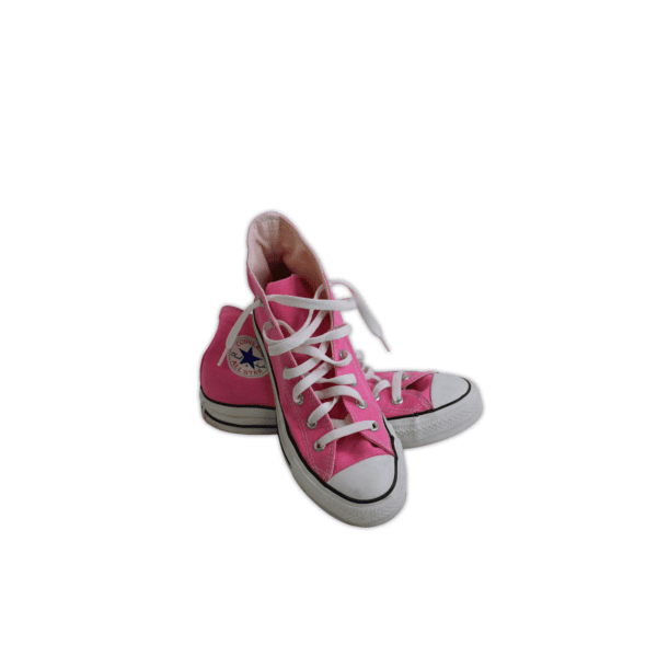 Classic high tops with the all star logo on the side and black stripe around the sole. Colour: Pink/ White Size: 8