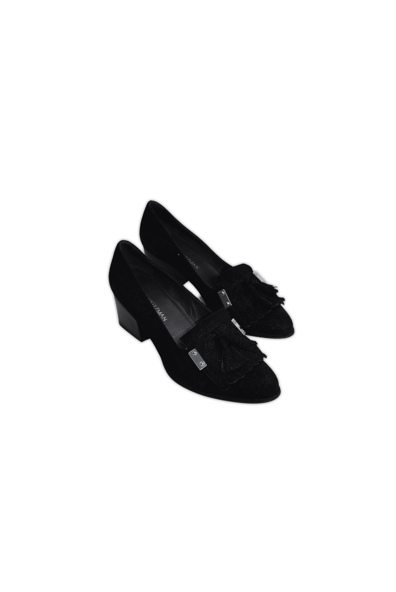 A pair of blocks heeled loafer from Stuart Weitzman, featuring a decorative toe bow.