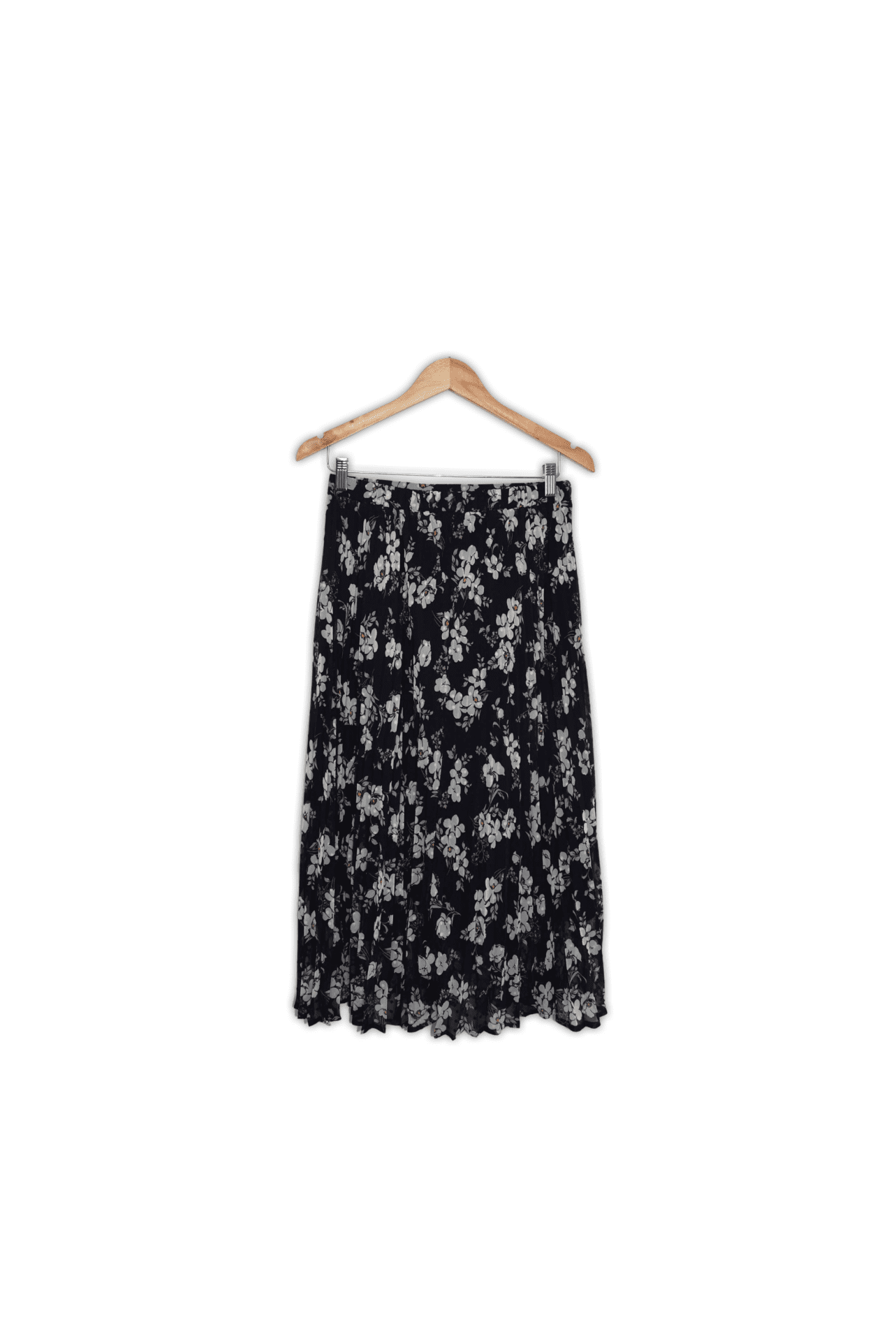 Midi light weight skirt featuring an accordion pleat and an elasticated waist band. Size 10/S, black and floral spot