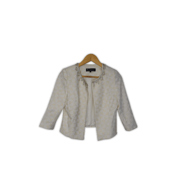 Cream, small, Formal cropped jacket featuring princess seams, a round neck, open front, and three-quarter sleeves.