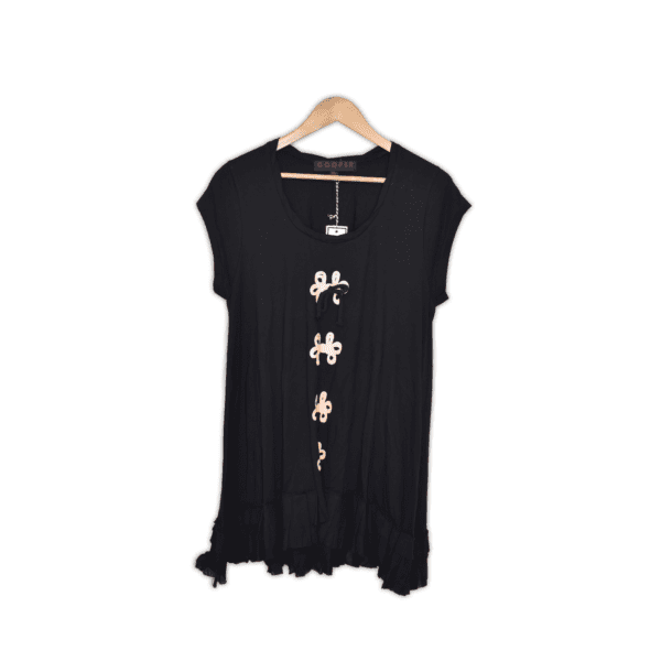 Long tee featuring a pleated flare hem, short sleeves, rounded neckline and four bow prints up the center front. Medium