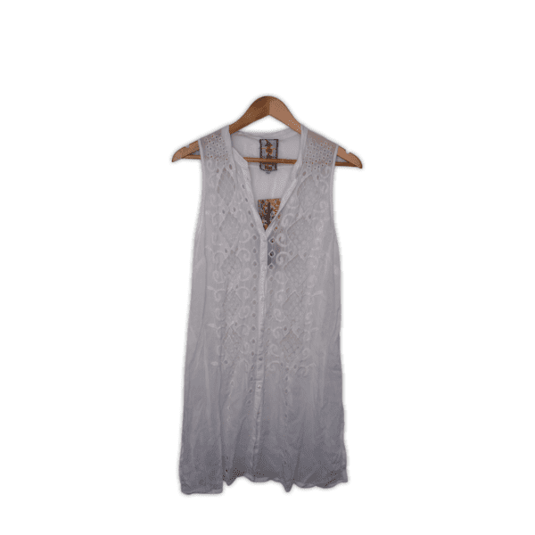 Lightweight button-down tunic featuring mandarin collar, and detailed embroidery. 