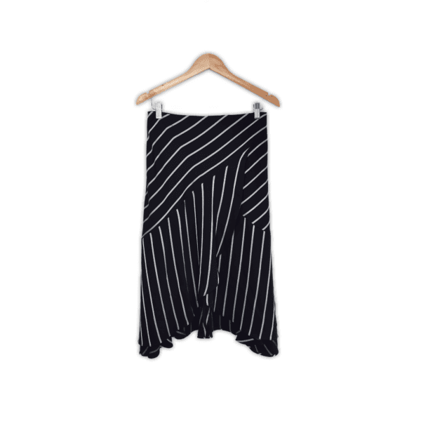 Flared hem skirt with a beautiful drape. This skirt is lightweight and has a center back invisible zip. Small. Black and white stripe.