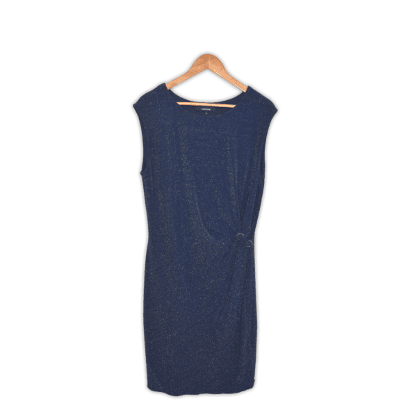 Knee length straight cut dress with a waist gather detail and high neckline. The stretch material offers comfort of movement and a great fit. Large, Navy.