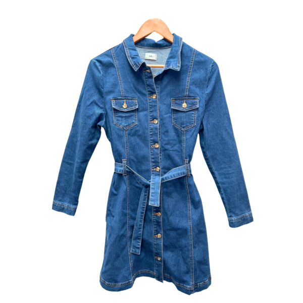 Button-Down Denim Dress with Long Sleeves and Detachable Tie Waist