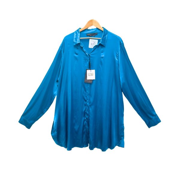 Blue satin long-sleeve shirt with a collar and button-up design.