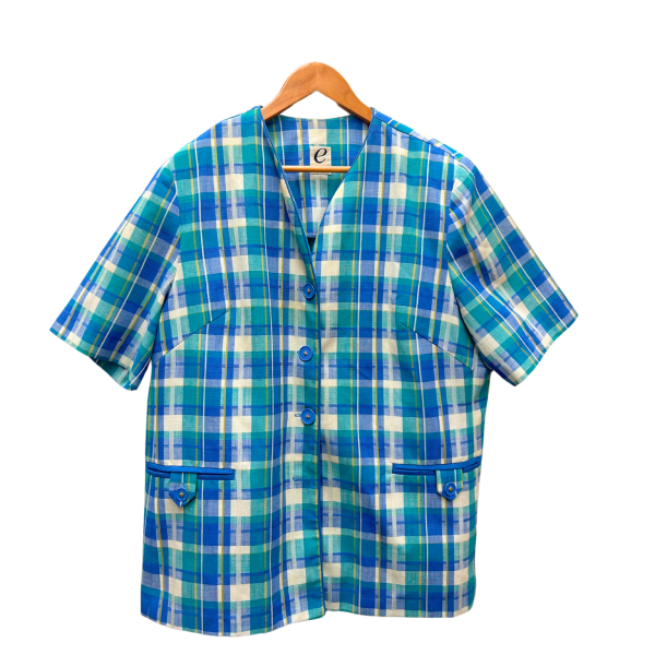 Short-sleeve plaid shirt with blue, green, and white checks