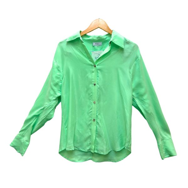 Green satin long-sleeve shirt with a collar and button-up design